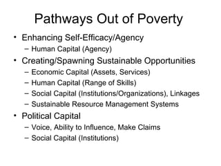 Pathways Out of Poverty  Enhancing Self-Efficacy/Agency Human Capital (Agency) Creating/Spawning Sustainable Opportunities Economic Capital (Assets, Services) Human Capital (Range of Skills) Social Capital (Institutions/Organizations), Linkages Sustainable Resource Management Systems Political Capital Voice, Ability to Influence, Make Claims Social Capital (Institutions) 