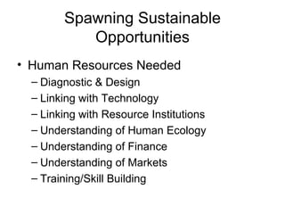 Spawning Sustainable Opportunities Human Resources Needed Diagnostic & Design Linking with Technology Linking with Resource Institutions Understanding of Human Ecology Understanding of Finance Understanding of Markets Training/Skill Building 
