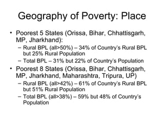 Geography of Poverty: Place Poorest 5 States (Orissa, Bihar, Chhattisgarh, MP, Jharkhand): Rural BPL (all>50%) – 34% of Country’s Rural BPL but 25% Rural Population Total BPL – 31% but 22% of Country’s Population Poorest 8 States (Orissa, Bihar, Chhattisgarh, MP, Jharkhand, Maharashtra, Tripura, UP) Rural BPL (all>42%) – 61% of Country’s Rural BPL but 51% Rural Population Total BPL (all>38%) – 59% but 48% of Country’s Population 