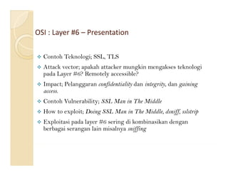 OSI : Layer #6 –
OSI : Layer #6 
OSI : Layer #6 – Presentation

  Contoh Teknologi; SSL, TLS
  C    h T k l i SSL
  Attack...