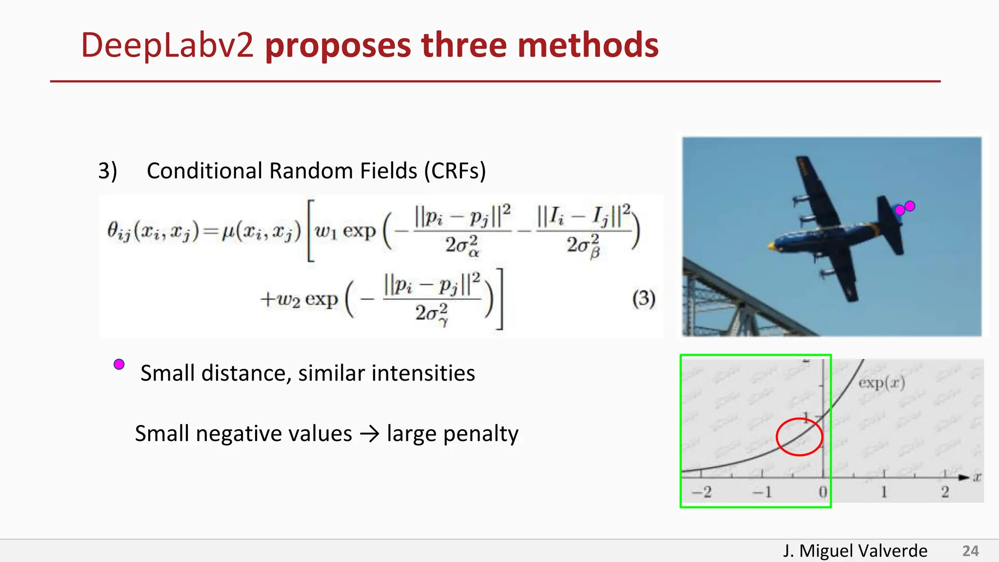 J. Miguel Valverde 24
DeepLabv2 proposes three methods
3) Conditional Random Fields (CRFs)
Small distance, similar intensities
Small negative values → large penalty
 