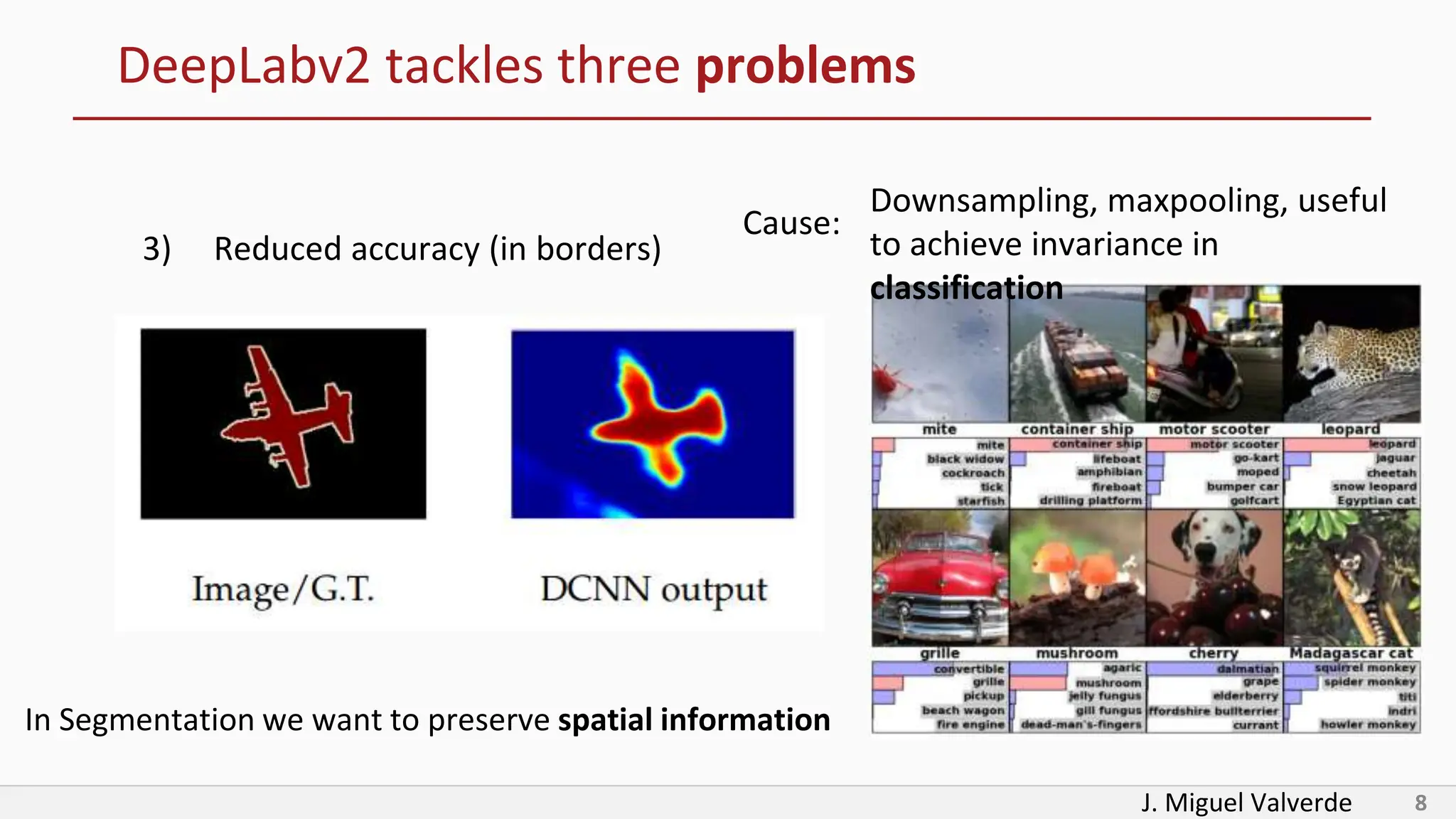 J. Miguel Valverde 8
DeepLabv2 tackles three problems
3) Reduced accuracy (in borders)
Downsampling, maxpooling, useful
to achieve invariance in
classification
In Segmentation we want to preserve spatial information
Cause:
 