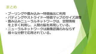 まとめ
・プーリングや畳み込み→特徴抽出に利用
・パディングやストライド→特徴マップのサイズ調整
・畳み込みニューラルネットワークは、空間情報
を上手く利用し、人間の脳を再現している。
・ニューラルネットワークは画像認識のみならず
様々な分野で応用されている。
 