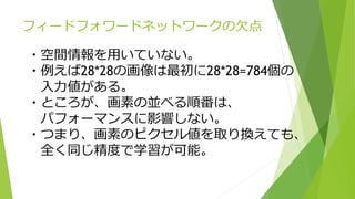 フィードフォワードネットワークの欠点
・空間情報を用いていない。
・例えば28*28の画像は最初に28*28=784個の
入力値がある。
・ところが、画素の並べる順番は、
パフォーマンスに影響しない。
・つまり、画素のピクセル値を取り換えても、
全く同じ精度で学習が可能。
 