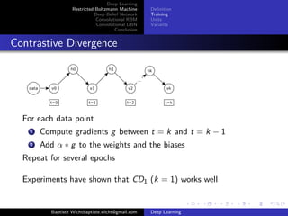 Deep Learning 
Restricted Boltzmann Machine 
Deep Belief Network 
Convolutional RBM 
Convolutional DBN 
Conclusion 
Definition 
Training 
Units 
Variants 
Contrastive Divergence 
For each data point 
1 Compute gradients g between t = k and t = k − 1 
2 Add   g to the weights and the biases 
Repeat for several epochs 
Experiments have shown that CD1 (k = 1) works well 
Baptiste Wichtbaptiste.wicht@gmail.com Deep Learning 
 