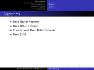 Deep Learning 
Restricted Boltzmann Machine 
Deep Belief Network 
Convolutional RBM 
Convolutional DBN 
Conclusion 
Definition 
History 
Usages 
Difficulties 
Algorithms 
Deep Neural Networks 
Deep Belief Networks 
Convolutional Deep Belief Networks 
Deep SVM 
Baptiste Wichtbaptiste.wicht@gmail.com Deep Learning 
 