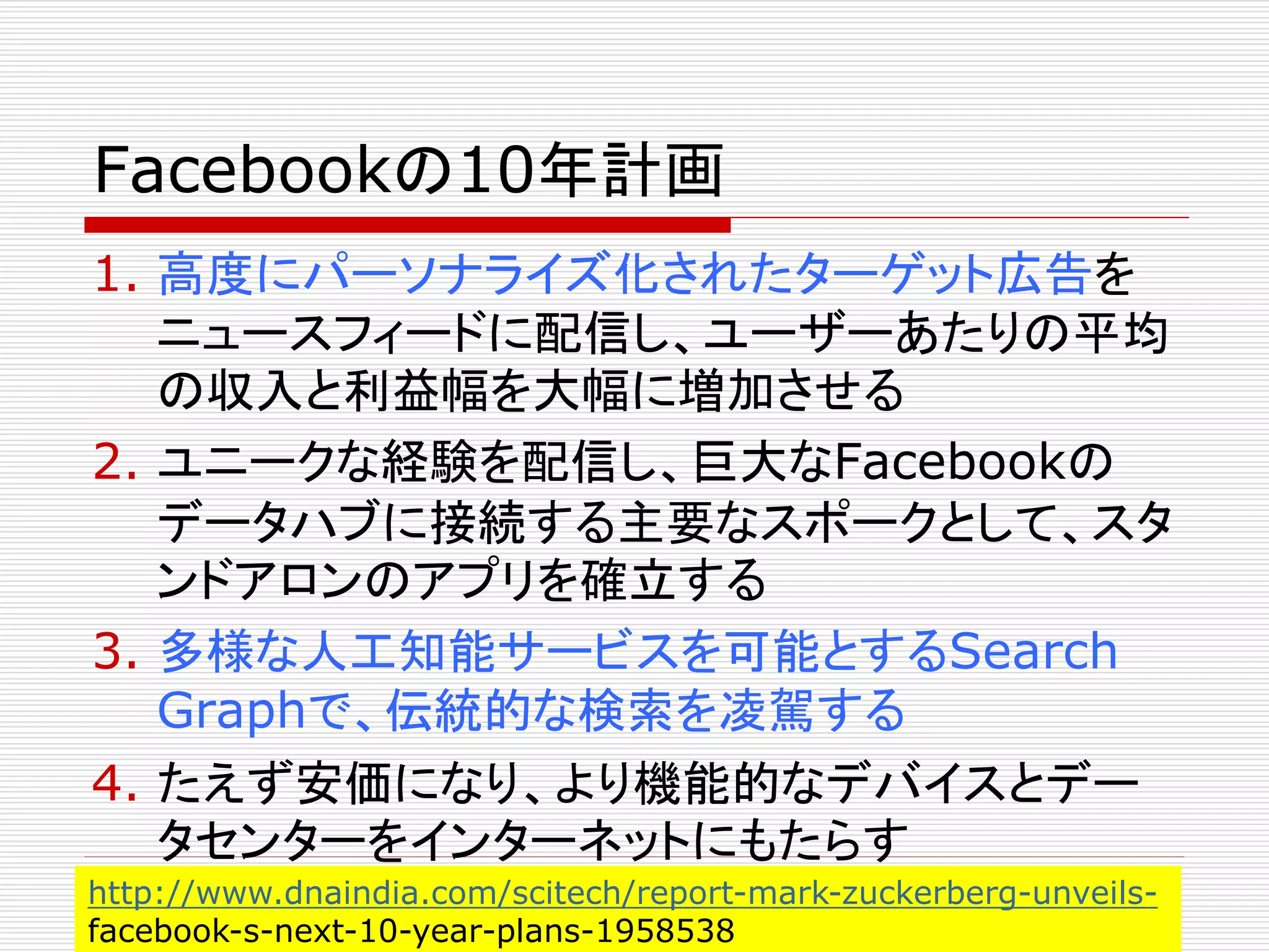 Facebookの10年計画 
1. 高度にパーソナライズ化されたターゲット広告を 
ニュースフィードに配信し、ユーザーあたりの平均 
の収入と利益幅を大幅に増加させる 
2. ユニークな経験を配信し、巨大なFacebookの 
データハブに接続する主要なスポークとして、スタ 
ンドアロンのアプリを確立する 
3. 多様な人工知能サービスを可能とするSearch 
Graphで、伝統的な検索を凌駕する 
4. たえず安価になり、より機能的なデバイスとデー 
タセンターをインターネットにもたらす 
http://www.dnaindia.com/scitech/report-mark-zuckerberg-unveils-facebook- 
s-next-10-year-plans-1958538 
 