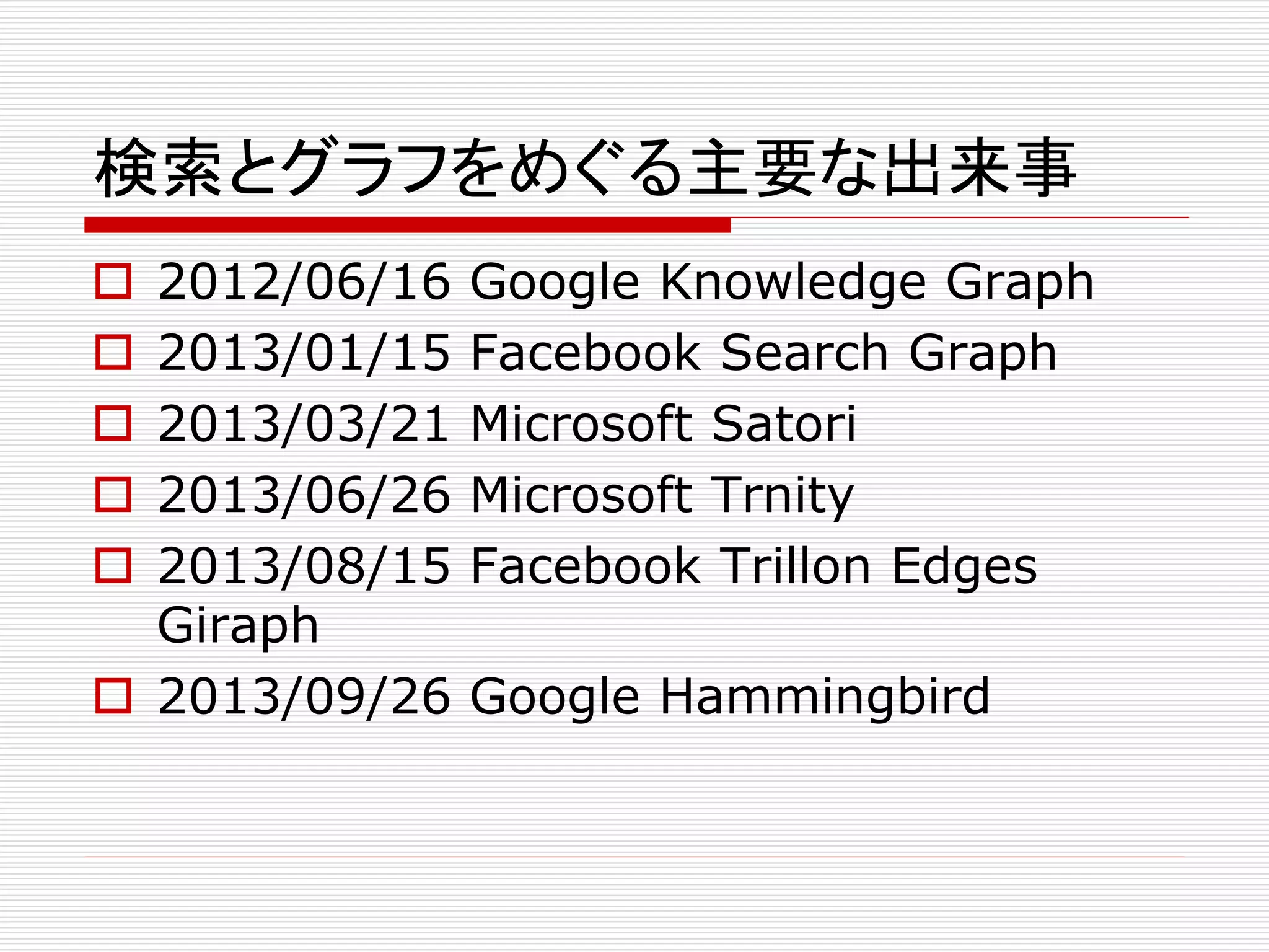 検索とグラフをめぐる主要な出来事 
 2012/06/16 Google Knowledge Graph 
 2013/01/15 Facebook Search Graph 
 2013/03/21 Microsoft Satori 
 2013/06/26 Microsoft Trnity 
 2013/08/15 Facebook Trillon Edges 
Giraph 
 2013/09/26 Google Hammingbird 
 