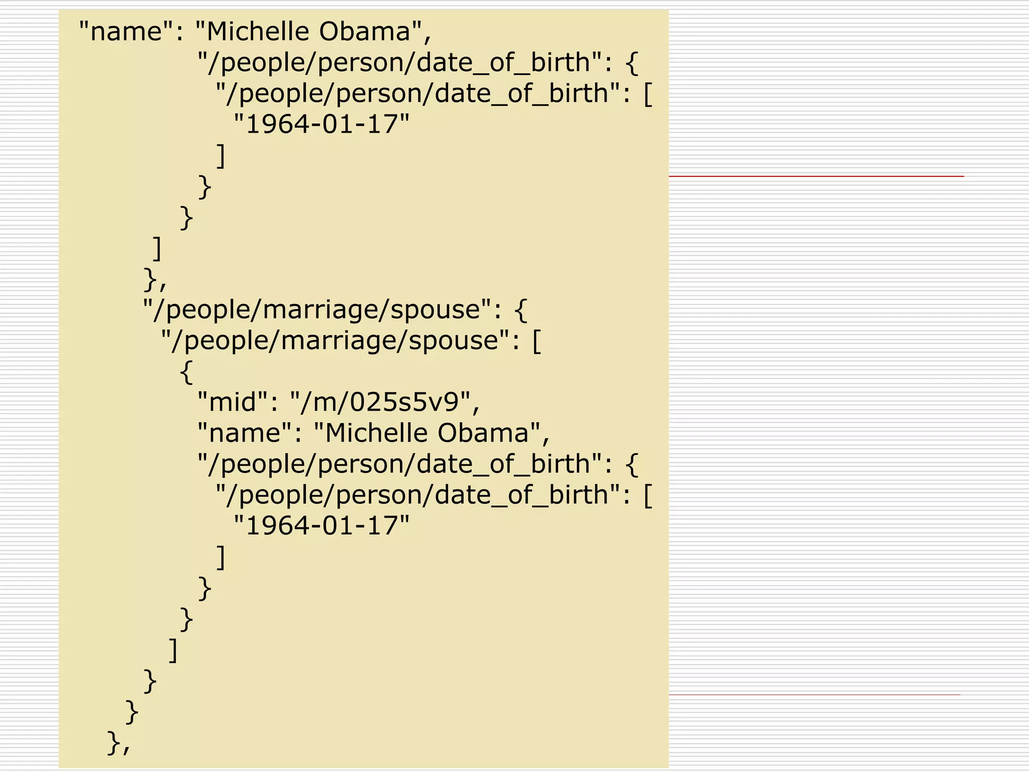 "name": "Michelle Obama", 
"/people/person/date_of_birth": { 
"/people/person/date_of_birth": [ 
"1964-01-17" 
] 
} 
} 
] 
}, 
"/people/marriage/spouse": { 
"/people/marriage/spouse": [ 
{ 
"mid": "/m/025s5v9", 
"name": "Michelle Obama", 
"/people/person/date_of_birth": { 
"/people/person/date_of_birth": [ 
"1964-01-17" 
] 
} 
} 
] 
} 
} 
}, 
 