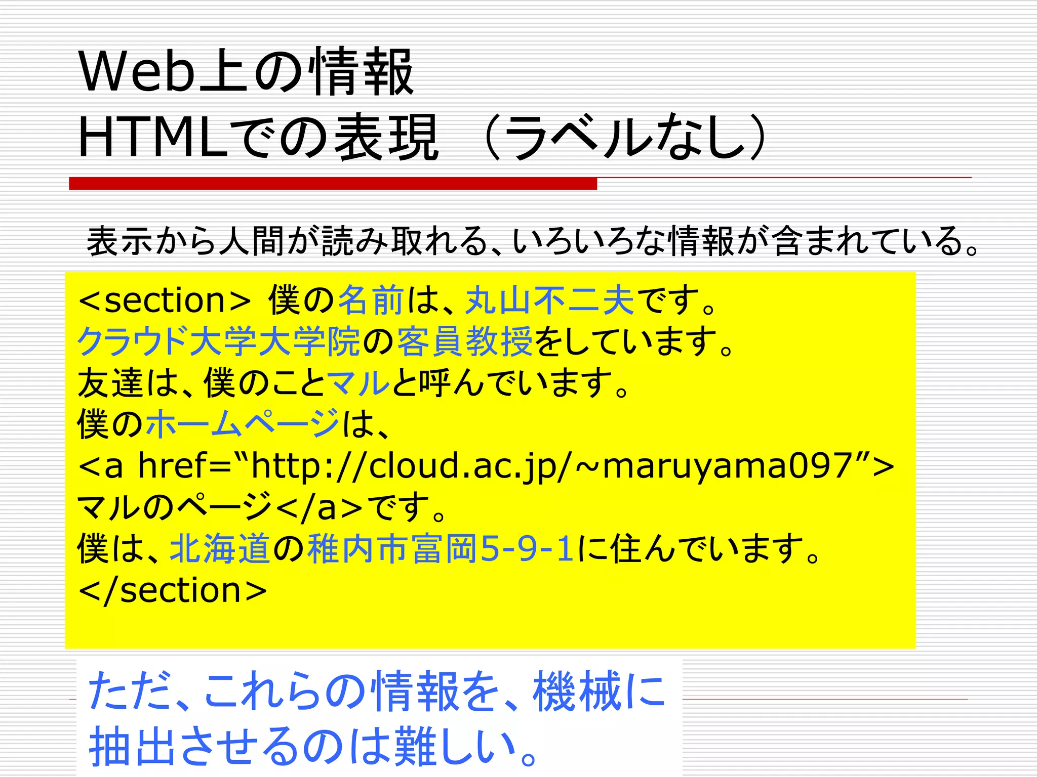 Web上の情報 
HTMLでの表現（ラベルなし） 
表示から人間が読み取れる、いろいろな情報が含まれている。 
<section> 僕の名前は、丸山不二夫です。 
クラウド大学大学院の客員教授をしています。 
友達は、僕のことマルと呼んでいます。 
僕のホームページは、 
<a href=“http://cloud.ac.jp/~maruyama097”> 
マルのページ</a>です。 
僕は、北海道の稚内市富岡5-9-1に住んでいます。 
</section> 
ただ、これらの情報を、機械に 
抽出させるのは難しい。 
 