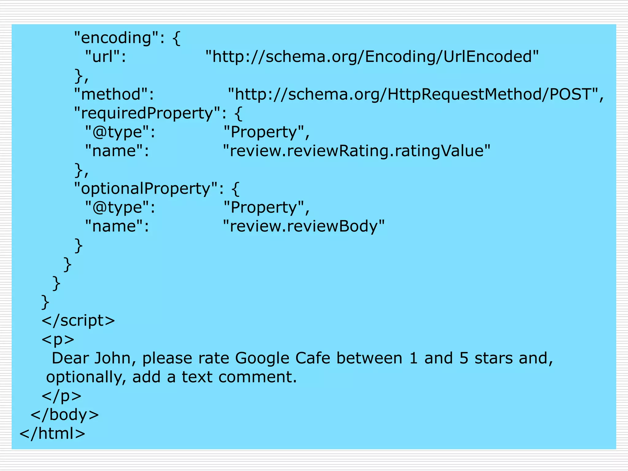 "encoding": { 
"url": "http://schema.org/Encoding/UrlEncoded" 
}, 
"method": "http://schema.org/HttpRequestMethod/POST", 
"requiredProperty": { 
"@type": "Property", 
"name": "review.reviewRating.ratingValue" 
}, 
"optionalProperty": { 
"@type": "Property", 
"name": "review.reviewBody" 
} 
} 
} 
} 
</script> 
<p> 
Dear John, please rate Google Cafe between 1 and 5 stars and, 
optionally, add a text comment. 
</p> 
</body> 
</html> 
 