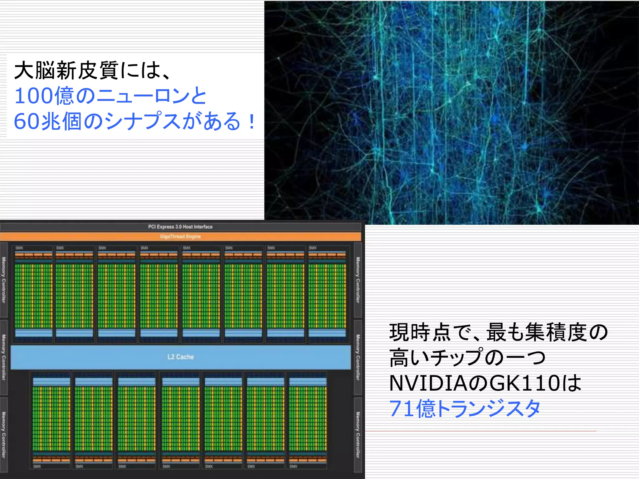 大脳新皮質には、 
100億のニューロンと 
60兆個のシナプスがある！ 
現時点で、最も集積度の 
高いチップの一つ 
NVIDIAのGK110は 
71億トランジスタ 
 