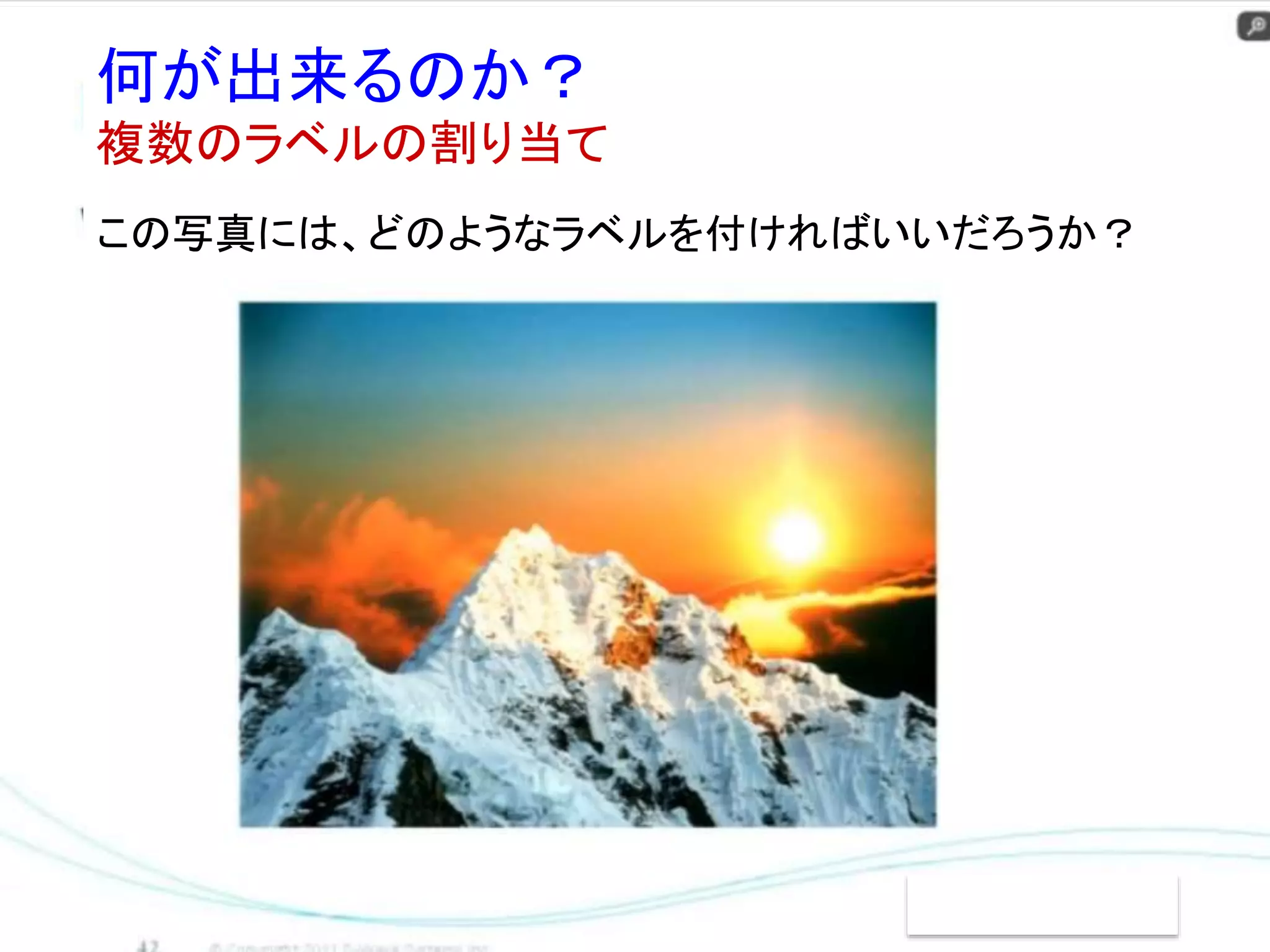 何が出来るのか？ 
複数のラベルの割り当て 
この写真には、どのようなラベルを付ければいいだろうか？ 
 