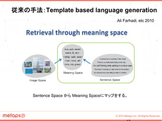 © 2015 Metaps Inc. All Rights Reserved.
Sentence Space から Meaning Spaceにマップをする。
従来の手法：Template based language generation	
Ali Farhadi, etc 2010	
 