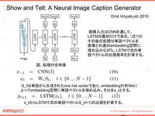 © 2015 Metaps Inc. All Rights Reserved.
Show and Tell: A Neural Image Caption Generator	
画像入力はCNNを通して、
LSTMの最初だけである。（式１０）
その後の処理は単語ベクトルを
画像と共通のembedding空間に
埋め込みながら、LSTMで次の単
語ベクトルの出現確率を計算する。
S_tは単語から生成されたone hot vectorであり、embedding行列Weに
よってembedding空間に単語ベクトルを埋め込み、それをx_tとする。
x_tからLSTMで次の単語ベクトルS_(t+1)の出現を計算する。
図、処理の全体像
Oriol Vinyals,etc 2015	
 
