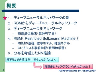 概要
1. ディープラーニング
2. RBMからディープニューラルネットワーク
3. ディープニューラルネットワーク
– 誤差逆伝搬法（教師有学習）
4. RBM（ Restricted Boltzmann Machine ）
– RBMの基礎，確率モデル，推論モデル
– CD法による事前学習（教師無学習）
5. 分布を考慮したNN推論
1
実行はできるけど中身はわからない．
理論的バックグランドがわかった！
 