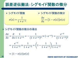 誤差逆伝搬法：シグモイド関数の微分
20
𝜎 𝑥 =
1
1 + 𝑒−𝑥
 シグモイド関数  シグモイド関数の微分
𝜕𝜎
𝜕𝑥
= 1 − 𝜎 𝑥 𝜎(𝑥)
 シグモイド関数の微分の導出
𝜕𝜎
𝜕𝑥
=
𝜕
𝜕𝑥
1
1 + 𝑒−𝑥
= −
1
1 + 𝑒−𝑥 2
× −𝑒−𝑥 =
𝑒−𝑥
1 + 𝑒−𝑥 2
=
𝑒−𝑥
1 + 𝑒−𝑥
×
1
1 + 𝑒−𝑥
= 1 −
1
1 + 𝑒−𝑥
1
1 + 𝑒−𝑥
= (1 − 𝜎 𝑥 )𝜎 𝑥
 