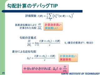 勾配計算のデバッグTIP
25
𝐼(𝜽) =
1
2
𝑘
ℎ 𝑘
𝐿
(𝒗; 𝜽) − 𝑡 𝑘
2
𝜕𝐼
𝜕𝜃𝑖
評価関数
誤差逆伝搬法により
計算された勾配
𝜕𝐼
𝜕𝜃𝑖
= lim
𝜀→0
𝐼 𝜽 + 𝜀𝟏𝑖 − 𝐼 𝜽
𝜀
𝟏𝑖:i番目の要素が１，他は０
∆𝑖 𝐼 =
𝐼 𝜽 + 𝜀𝟏𝑖 − 𝐼 𝜽
𝜀
計算効率高い
実装難しい
計算効率低い
実装容易
勾配の定義式
差分による近似勾配
十分𝜀が小さければ，∆𝑖 𝐼 ≑
𝜕𝐼
𝜕𝜃𝑖
 