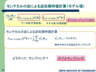 モンテカルロ法による近似期待値計算（モデル項）
43
𝜕𝑄 𝜏 𝜽 𝜏
𝜕𝑾
= 𝐸 𝒉∼𝑃(𝒉|𝒗 𝑛;𝜽 𝜏) 𝒗 𝑛
𝑇 𝒉 − 𝐸 𝒗,𝒉∼𝑃(𝒗,𝒉;𝜽 𝜏) 𝒗 𝑻 𝒉
データ項（計算容易） モデル項（計算困難）
ギブスサンプリングで近似
𝐸 𝒗,𝒉∼𝑃(𝒗,𝒉;𝜽 𝜏) 𝒗 𝑻 𝒉 ≑
1
𝑁
𝑖
𝒗(𝑖)
𝑇
𝒉(𝑖) 𝒗(𝑖)
𝑇
, 𝒉(𝑖) ∼ 𝑃(𝒗, 𝒉; 𝜽 𝜏)
確率分布からの独立なサンプリング
モンテカルロ法による近似期待値計算
どうやって，サンプリング？ ギブスサンプリング
 