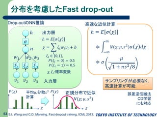 分布を考慮したFast drop-out
53 S.I. Wang and C.D. Manning, Fast dropout training, ICML 2013.
𝑣1 𝑣2 𝑣3
ℎ
𝑤1 𝑤2 𝑤3
𝑛
𝜎
𝜉1 𝜉2 𝜉3
入力層
出力層
ℎ = 𝐸 𝜎 𝜒
𝜒 =
𝑖
𝜉𝑖 𝑤𝑖 𝑣𝑖 + 𝑏
𝜉𝑖 ∈ 0,1 ,
𝑃 𝜉𝑖 = 0 = 0.5
𝑃 𝜉𝑖 = 1 = 0.5
𝜒, 𝜉𝑖:確率変数
Drop-outのNN推論
𝜒
𝑃(𝜒)
𝜒
𝑃(𝜒) 正規分布で近似
𝑁(𝜒; 𝜇, 𝑠2
)
平均𝜇,分散𝑠2
計算
ℎ = 𝐸 𝜎 𝜒
≑
−∞
∞
𝑁(𝜒; 𝜇, 𝑠2
) 𝜎 𝜒 𝑑𝜒
≑ 𝜎
𝜇
1 + 𝜋𝑠2/8
高速な近似計算
サンプリングが必要なく，
高速計算が可能
誤差逆伝搬法
CD学習
にも対応
 