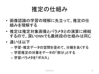 パラメタW,bを用いた推定
2個の「画像」を重ねる
各「点」を掛け算て足すと
Wの明るい点とxの黒い点が重なると加点
Wの暗い点とｘの黒い点が重なると減点
𝑊 𝑥 + 𝑏 = 確率
784行1列10行784列 10行1列10行1列
0.05 入力画像が’0’である確率
0.40
0.05
0.05
0.15
0.05
0.05
0.15
0.05
0.05 入力画像が’9’である確率
2015/12/18 16
 