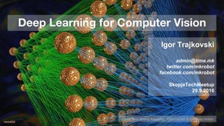 Deep Learning for Computer Vision
Igor Trajkovski
admin@time.mk
twitter.com/mkrobot
facebook.com/mkrobot
SkopjeTechMeetup
29.9.2016
Slides from Andrej Karpathy, Yann LeCun & Geoffrey Hinton
 