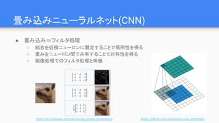畳み込みニューラルネット(CNN)
● 畳み込み＝フィルタ処理
○ 結合を近傍ニューロンに限定することで局所性を得る
○ 重みをニューロン間で共有することで対称性を得る
○ 画像処理でのフィルタ処理と等価
https://github.com/vdumoulin/conv_arithmetichttps://en.wikipedia.org/wiki/Kernel_(image_processing)
 