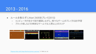2013 - 2016
● ルールを教えずにAtari 2600をプレイ(2013)
○ コンピュータが自分で試行錯誤しながら、様々なゲームのプレイ方法を学習
○ ブロック崩しなどの単純なゲームでは人間以上のスコア
“Playing Atari with Deep Reinforcement Learning”, V. Mnih, et. al.
 