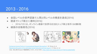 2013 - 2016
● 会話レベルの音声認識で人間と同レベルの精度を達成(2016)
● 囲碁でトップ棋士に勝利(2016)
○ 2016/12には、オンライン囲碁で世界1位を含むトップ棋士相手に60勝0敗
● 線画の自動着色(2016)
“Achieving Human Parity in Conversational Speech Recognition”, W. Xiong, et. al.
“Mastering the game of Go with deep neural networks and tree search”, D. Silver, et. al.
Qiita: 初心者がchainerで線画着色してみた。わりとできた。http://qiita.com/taizan/items/cf77fd37ec3a0bef5d9d
 