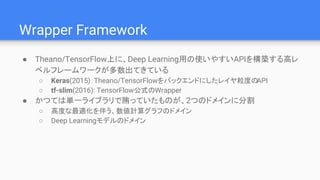 Wrapper Framework
● Theano/TensorFlow上に、Deep Learning用の使いやすいAPIを構築する高レ
ベルフレームワークが多数出てきている
○ Keras(2015)：Theano/TensorFlowを...
