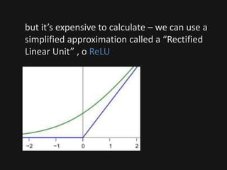 but it’s expensive to calculate – we can use a
simplified approximation called a “Rectified
Linear Unit” , o ReLU
 