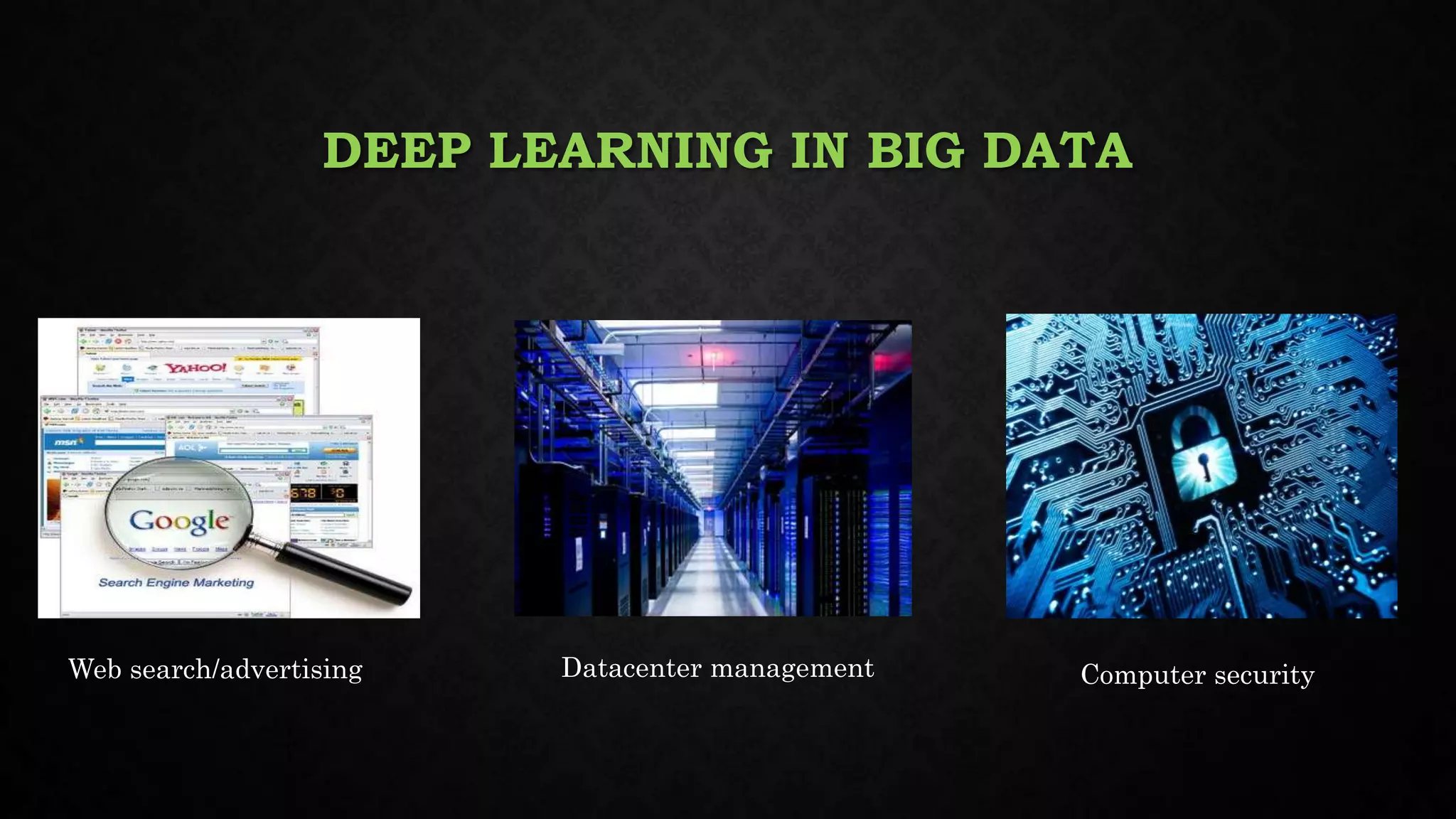 DEEP LEARNING IN BIG DATA
Web search/advertising Datacenter management Computer security
 