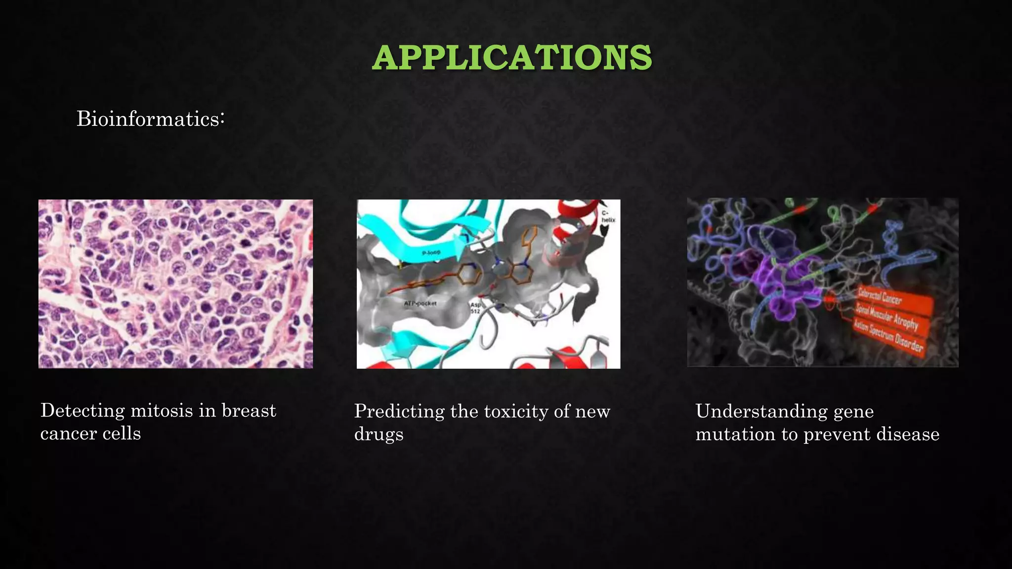 APPLICATIONS
Bioinformatics:
Detecting mitosis in breast
cancer cells
Predicting the toxicity of new
drugs
Understanding gene
mutation to prevent disease
 