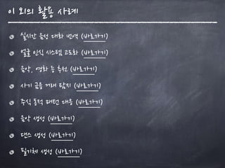 이 외의 활용 사례
실시간 음성 대화 번역 (바로가기)
얼굴 인식 시스템 고도화 (바로가기)
음악, 영화 등 추천 (바로가기)
사기 금융 거래 탐지 (바로가기)
주식 동적 패턴 대응 (바로가기)
음악 생성 (바로가기)
댄스 생성 (바로가기)
필기체 생성 (바로가기)
 