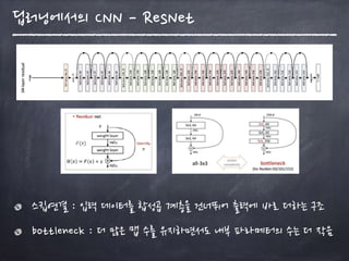 스킵연결 : 입력 데이터를 합성곱 계층을 건너뛰어 출력에 바로 더하는 구조
bottleneck : 더 많은 맵 수를 유지하면서도 내부 파라메터의 수는 더 작음
딥러닝에서의 CNN - ResNet
 