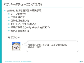 Copyright © 2017 TIS Inc. All rights reserved. 22
 自己紹介
 本日のテーマ
 取り組むタスク
 既存の機械学習手法(Naive Bayes)
 Deep Learning(LSTM)
 パラメータチューニング
 おわりに
目次
 