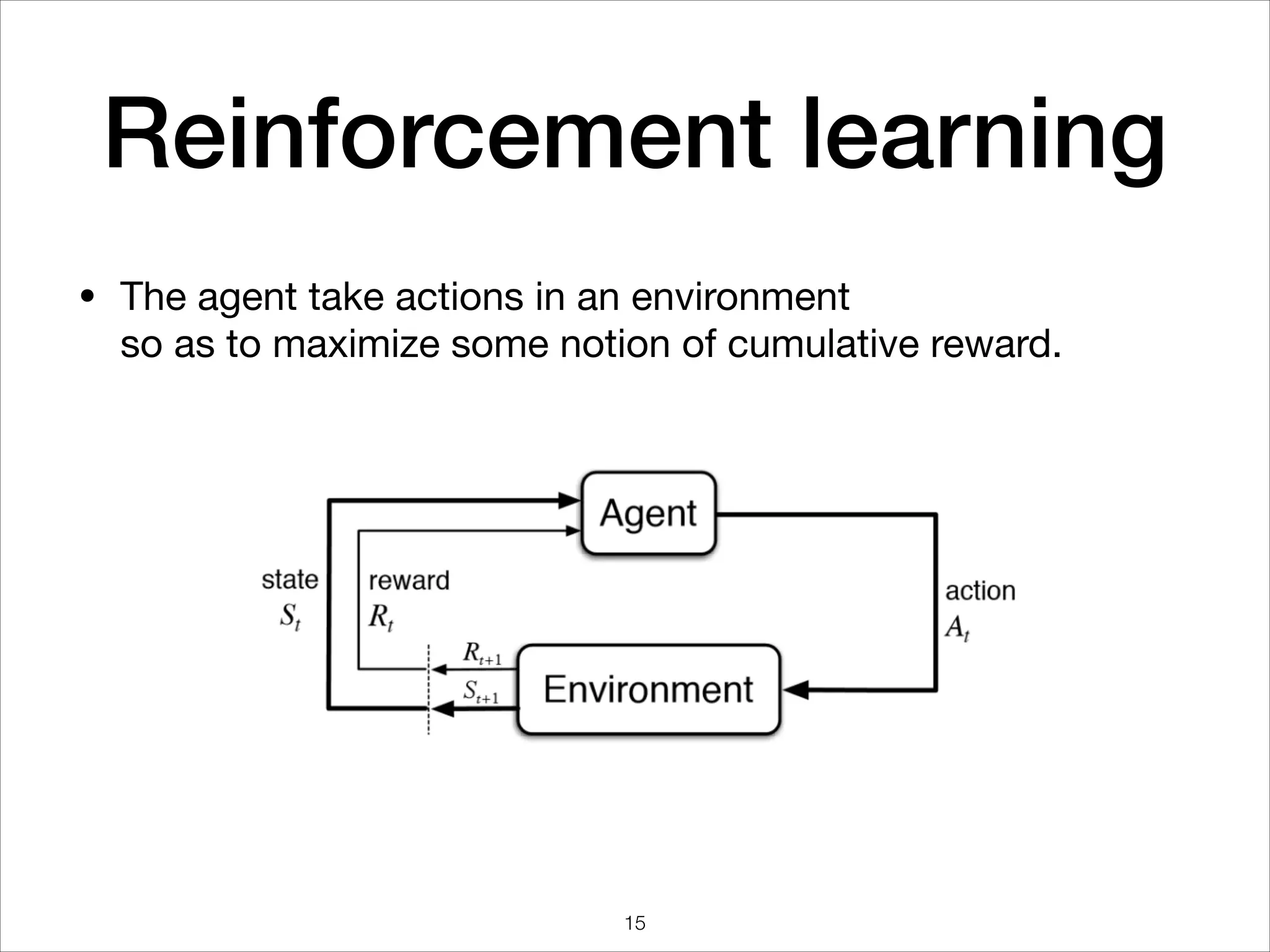 Reinforcement learning
• The agent take actions in an environment  
so as to maximize some notion of cumulative reward.
15
 