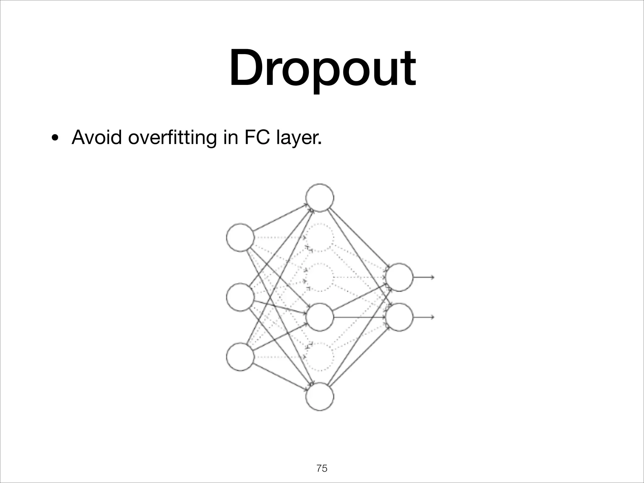 Dropout
• Avoid overﬁtting in FC layer.
75
 