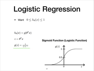 Logistic Regression
Want
Sigmoid Function (Logistic Function)
•
51
 