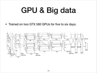 GPU & Big data
• Trained on two GTX 580 GPUs for ﬁve to six days.
69
 