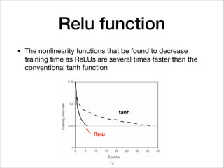 Relu function
• The nonlinearity functions that be found to decrease
training time as ReLUs are several times faster than the
conventional tanh function
Relu
tanh
72
 