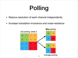Polling
• Reduce resolution of each channel independently

• Increase translation-invariance and noise-resilience
73
 