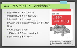 11
ニューラルネットワークの学習は？
● 推論はハードウェア化もした
● 学習は本読んでも良くわからない
● 自分で実装できるレベルに。。。
● なんといっても数式ばかりで良くわからない
● 困った。。。
●
そんなとき見つけた本
● 「ゼロから作る Deep Learning 」
● オライリーから出ている本
オライリー・ジャパン　「ゼロから作
る Deep Learning 」の表紙を引
用
 