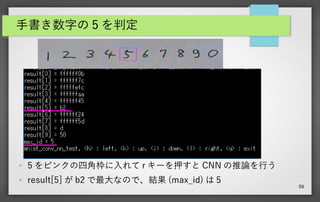 59
手書き数字の 5 を判定
● 5 をピンクの四角枠に入れて r キーを押すと CNN の推論を行う
● result[5] が b2 で最大なので、結果 (max_id) は 5
 