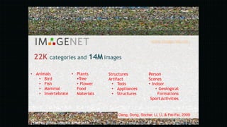 22K categories and 14Mimages
www.image-net.org
Deng, Dong, Socher, Li, Li, & Fei-Fei, 2009
22Fei-Fei Li & Justin Johnson & Serena Yeung
• Animals
• Bird
• Fish
• Mammal
• Invertebrate
• Plants
•Tree
• Flower
Food
Materials
Structures
Artifact
• Tools
• Appliances
• Structures
•
•
•
Person
Scenes
• Indoor
• Geological
Formations
SportActivities
 