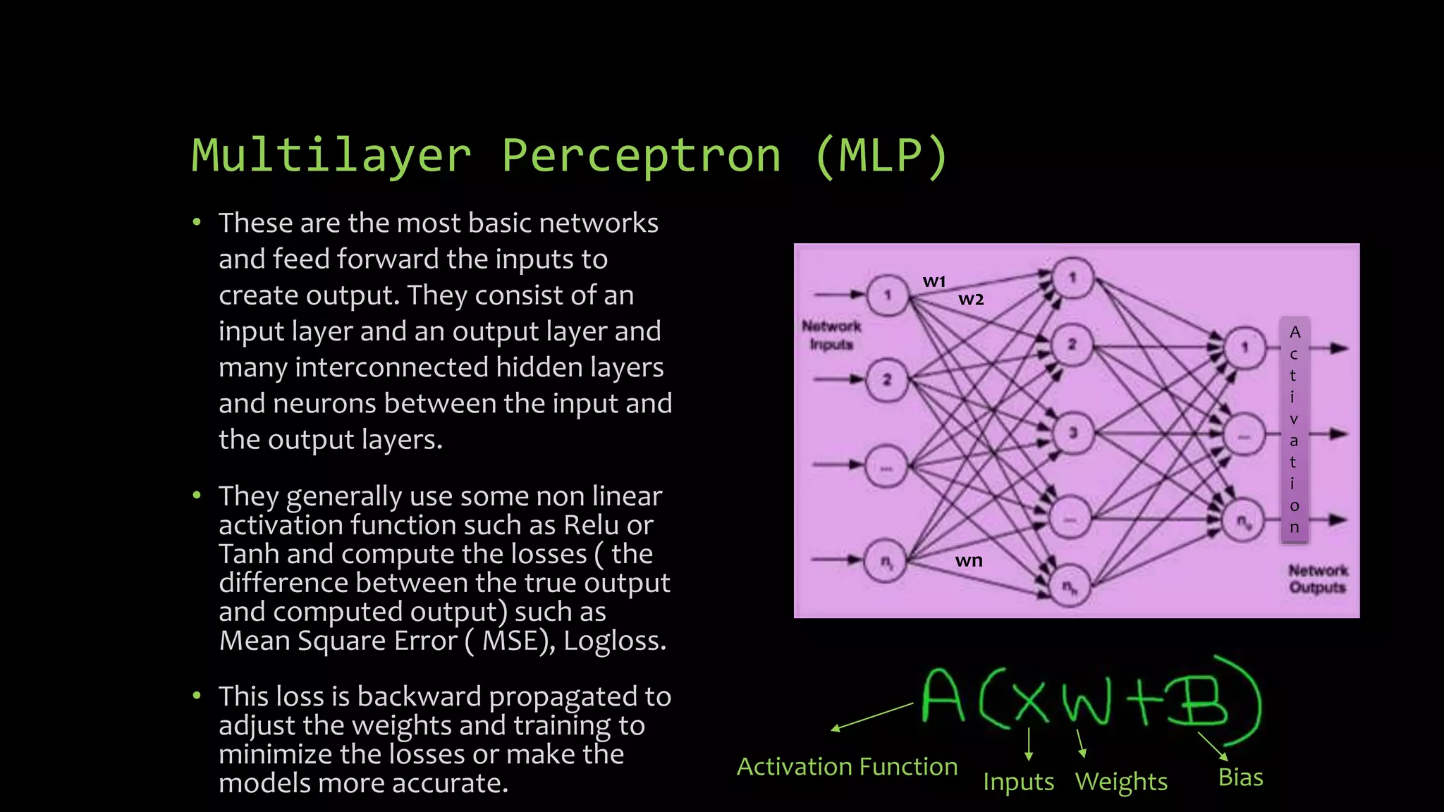 Multilayer Perceptron (MLP)
• These are the most basic networks
and feed forward the inputs to
create output. They consist of an
input layer and an output layer and
many interconnected hidden layers
and neurons between the input and
the output layers.
• They generally use some non linear
activation function such as Relu or
Tanh and compute the losses ( the
difference between the true output
and computed output) such as
Mean Square Error ( MSE), Logloss.
• This loss is backward propagated to
adjust the weights and training to
minimize the losses or make the
models more accurate.
w1
w2
wn
A
c
t
i
v
a
t
i
o
n
Activation Function
Inputs Weights Bias
 