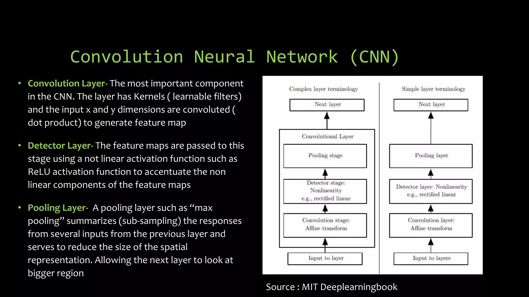 Convolution Neural Network (CNN)
• Convolution Layer- The most important component
in the CNN. The layer has Kernels ( learnable filters)
and the input x and y dimensions are convoluted (
dot product) to generate feature map
• Detector Layer- The feature maps are passed to this
stage using a not linear activation function such as
ReLU activation function to accentuate the non
linear components of the feature maps
• Pooling Layer- A pooling layer such as “max
pooling” summarizes (sub-sampling) the responses
from several inputs from the previous layer and
serves to reduce the size of the spatial
representation. Allowing the next layer to look at
bigger region
w1
w2
wn
Source : MIT Deeplearningbook
 