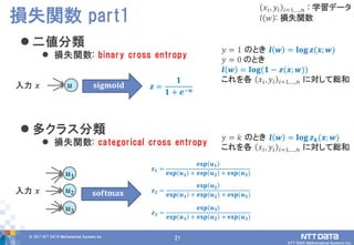 21© 2017 NTT DATA Mathematical Systems Inc.
21
 二値分類
 損失関数: binary cross entropy
 多クラス分類
 損失関数: categorical cross entropy
損失関数 part1
𝒖 𝐬𝐢𝐠𝐦𝐨𝐢𝐝 𝒛 =
𝟏
𝟏 + 𝒆−𝒖
𝒖 𝟏
𝒖 𝟐
𝒖 𝟑
𝒛 𝟏 =
𝐞𝐱𝐩 𝒖 𝟏
𝐞𝐱𝐩 𝒖 𝟏 + 𝐞𝐱𝐩 𝒖 𝟐 + 𝐞𝐱𝐩(𝒖 𝟑)
𝐬𝐨𝐟𝐭𝐦𝐚𝐱 𝒛 𝟐 =
𝐞𝐱𝐩 𝒖 𝟐
𝐞𝐱𝐩 𝒖 𝟏 + 𝐞𝐱𝐩 𝒖 𝟐 + 𝐞𝐱𝐩(𝒖 𝟑)
𝒛 𝟑 =
𝐞𝐱𝐩 𝒖 𝟑
𝐞𝐱𝐩 𝒖 𝟏 + 𝐞𝐱𝐩 𝒖 𝟐 + 𝐞𝐱𝐩(𝒖 𝟑)
入力 𝒙
入力 𝒙
𝑥𝑖, 𝑦𝑖 𝑖=1,…,𝑛 : 学習データ
𝑙 𝑤 : 損失関数
𝑦 = 1 のとき 𝒍 𝒘 = 𝐥𝐨𝐠 𝒛(𝒙; 𝒘)
𝑦 = 0 のとき
𝒍 𝒘 = 𝐥𝐨𝐠(𝟏 − 𝒛(𝒙; 𝒘))
これを各 𝑥𝑖, 𝑦𝑖 𝑖=1,…,𝑛 に対して総和
𝑦 = 𝑘 のとき 𝒍 𝒘 = 𝐥𝐨𝐠 𝒛 𝒌(𝒙; 𝒘)
これを各 𝑥𝑖, 𝑦𝑖 𝑖=1,…,𝑛 に対して総和
 
