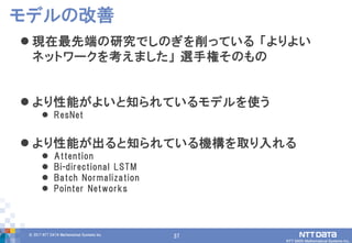 37© 2017 NTT DATA Mathematical Systems Inc.
37
 現在最先端の研究でしのぎを削っている 「よりよい
ネットワークを考えました」 選手権そのもの
 より性能がよいと知られているモデルを使う
 ResNet
 より性能が出ると知られている機構を取り入れる
 Attention
 Bi-directional LSTM
 Batch Normalization
 Pointer Networks
モデルの改善
 