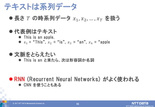 66© 2017 NTT DATA Mathematical Systems Inc.
66
 長さ 𝑇 の時系列データ 𝑥1, 𝑥2, … , 𝑥 𝑇 を扱う
 代表例はテキスト
 This is an apple.
 𝑥1 = “This”, 𝑥2 = “is”, 𝑥3 = “an”, 𝑥4 = “apple
 文脈をとらえたい
 This is an と来たら、次は形容詞か名詞
 RNN (Recurrent Neural Networks) がよく使われる
 CNN を使うこともある
テキストは系列データ
 